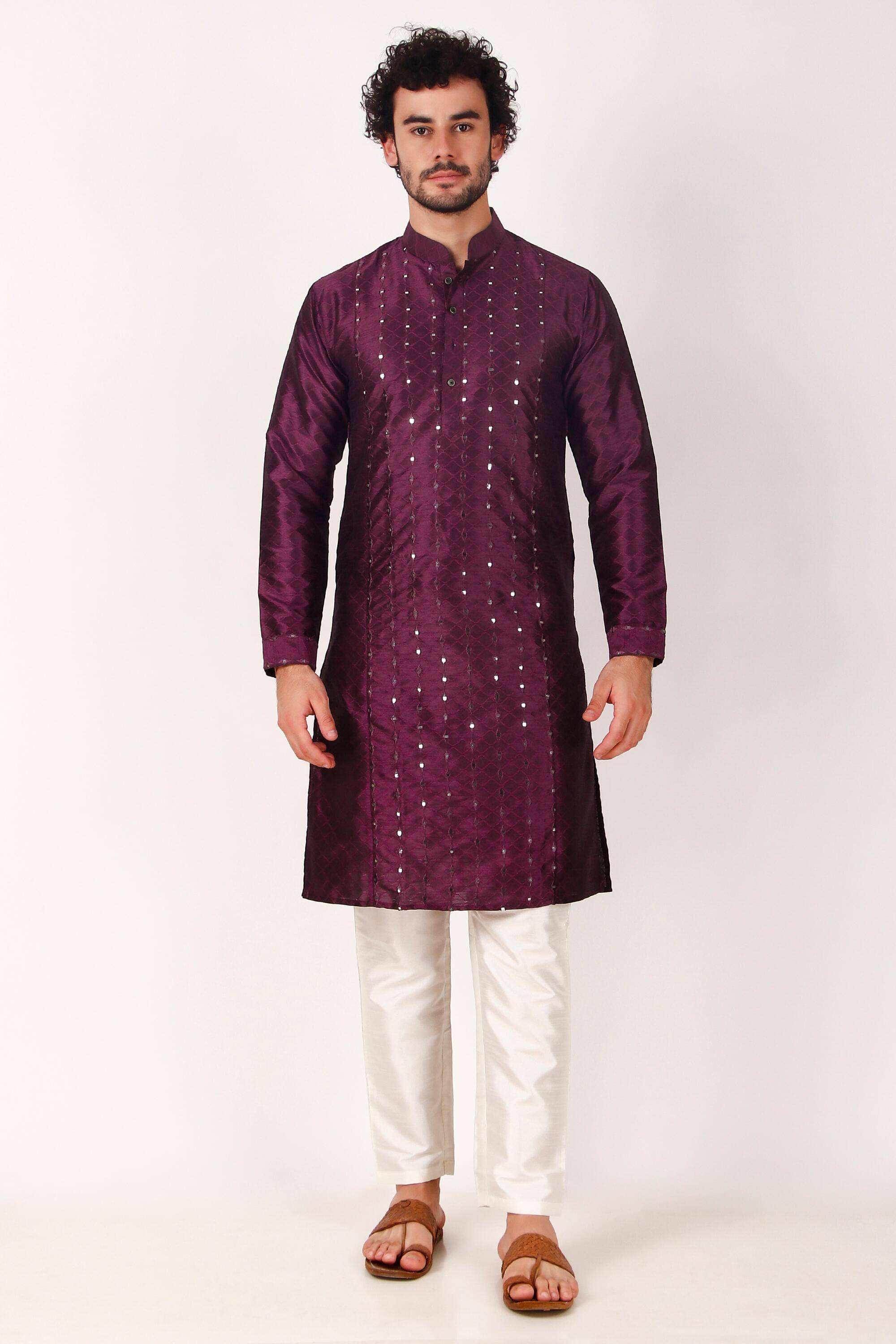 koshin Purple Silk Regular Fit Men's Kurta Pyjama Set ( Pack of 1 ) koshin Purple Silk Regular Fit Men's Kurta Pyjama Set ( Pack of 1 )