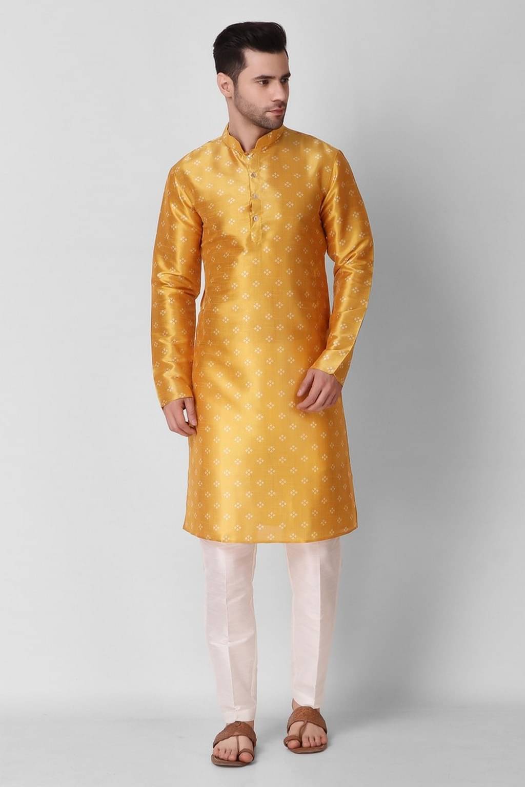     			koshin Yellow Silk Regular Fit Men's Kurta Pyjama Set ( Pack of 1 )