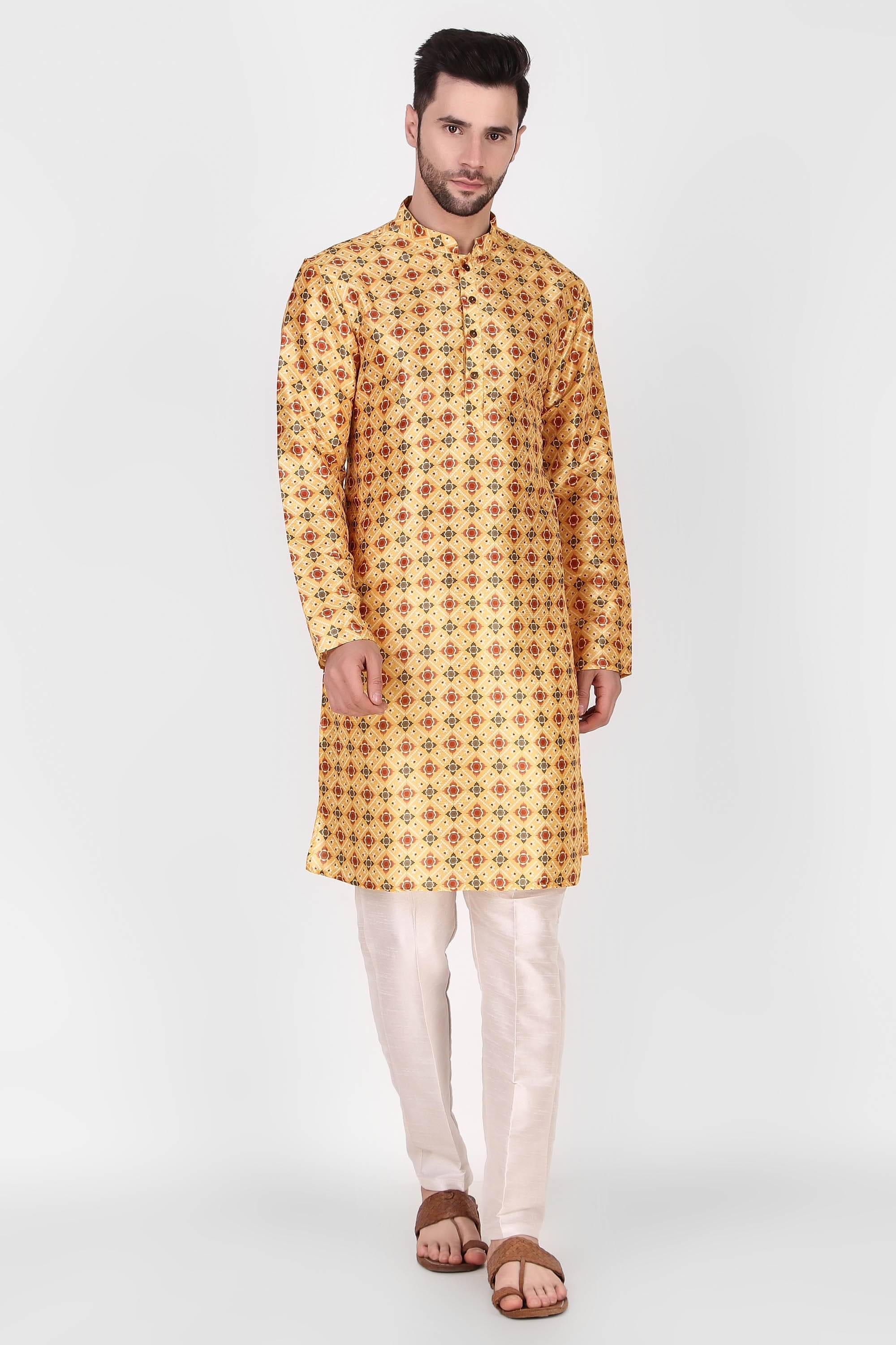 koshin Yellow Silk Regular Fit Men's Kurta Pyjama Set ( Pack of 1 ) koshin Yellow Silk Regular Fit Men's Kurta Pyjama Set ( Pack of 1 )