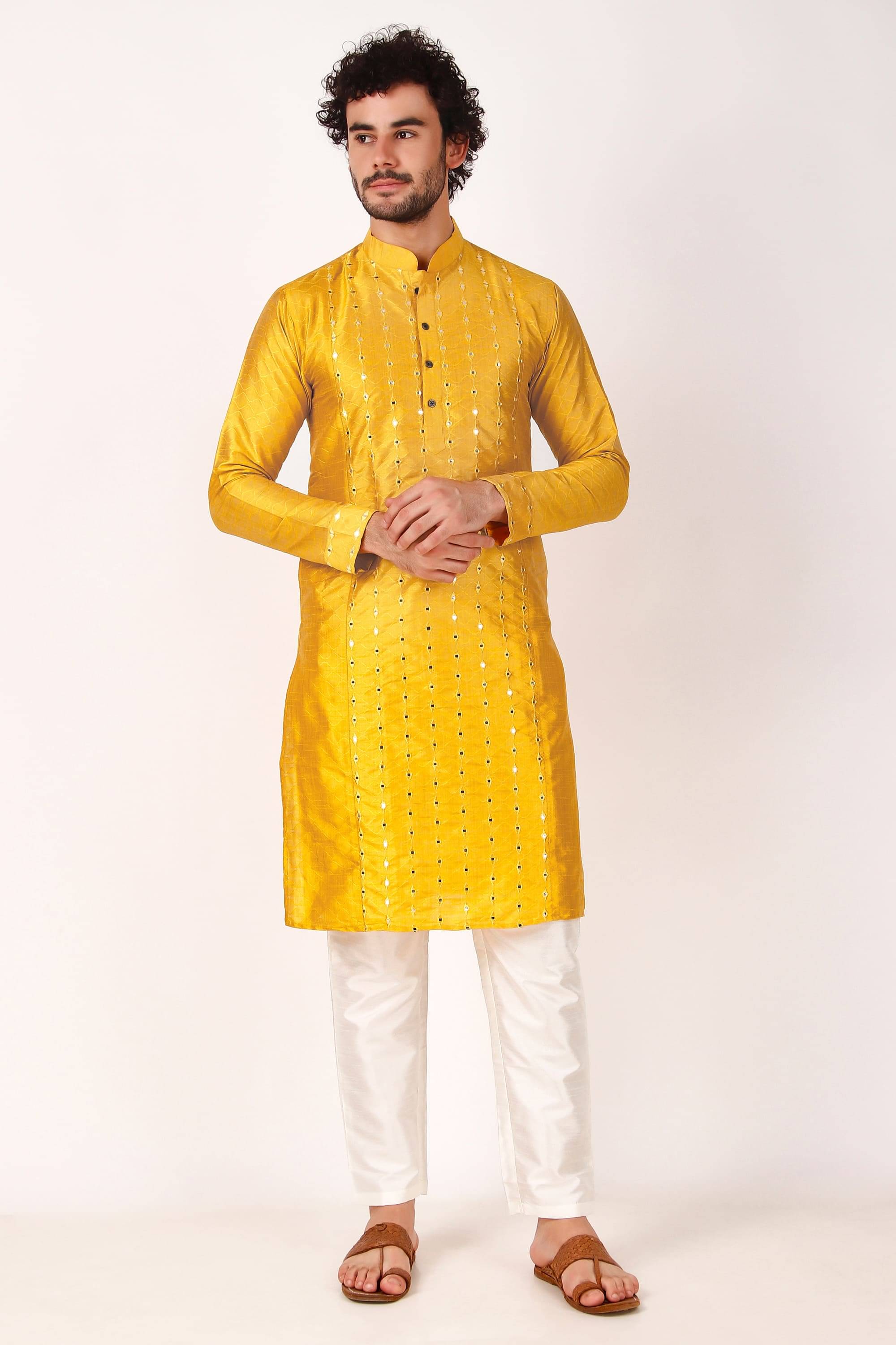 koshin Yellow Silk Regular Fit Men's Kurta Pyjama Set ( Pack of 1 ) koshin Yellow Silk Regular Fit Men's Kurta Pyjama Set ( Pack of 1 )