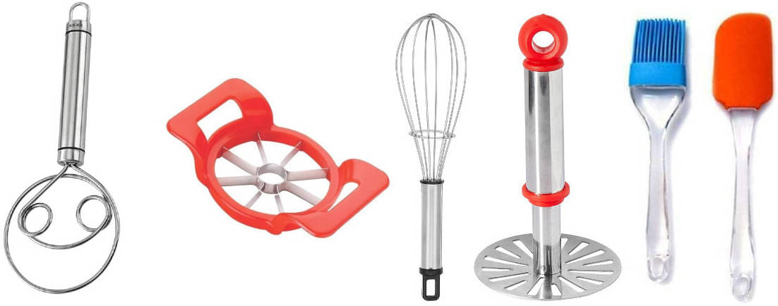     			omortex Multicolor Virgin Plastic Cutter, Whisk, Masher, Spatula, Brush ( Set of 6 )