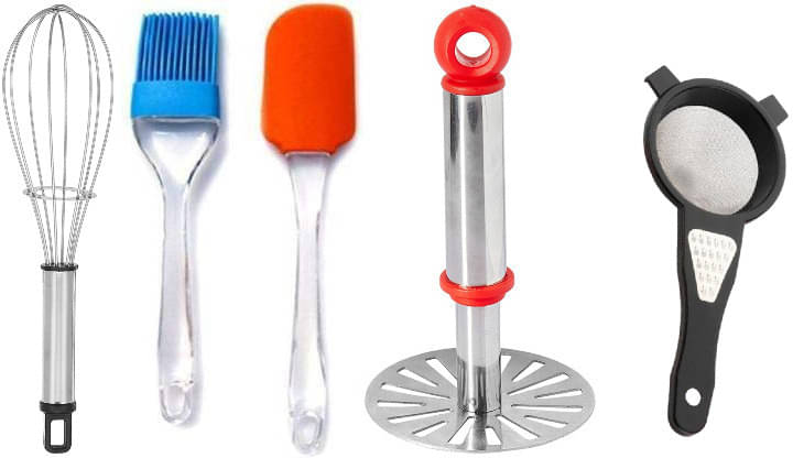     			omortex Multicolor Virgin Plastic Masher, Whisk, Strainer, Spatula, Brush ( Set of 5 )