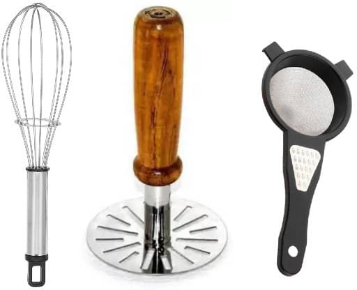     			omortex Multicolor Virgin Plastic Masher, Whisk, Strainer ( Set of 3 )