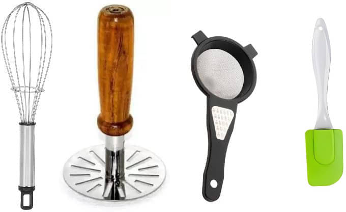     			omortex Multicolor Virgin Plastic Whisk, Masher, Strainer, Spatula ( Set of 4 )