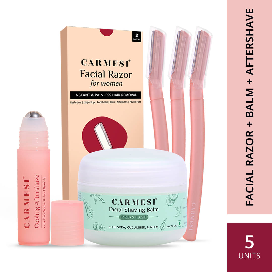 Carmesi Shaving Kit for Women | 1 Pre-Shave Balm + 3 Reusable Face Razors + 1 Aftershave Roll On Carmesi Shaving Kit for Women | 1 Pre-Shave Balm + 3 Reusable Face Razors + 1 Aftershave Roll On