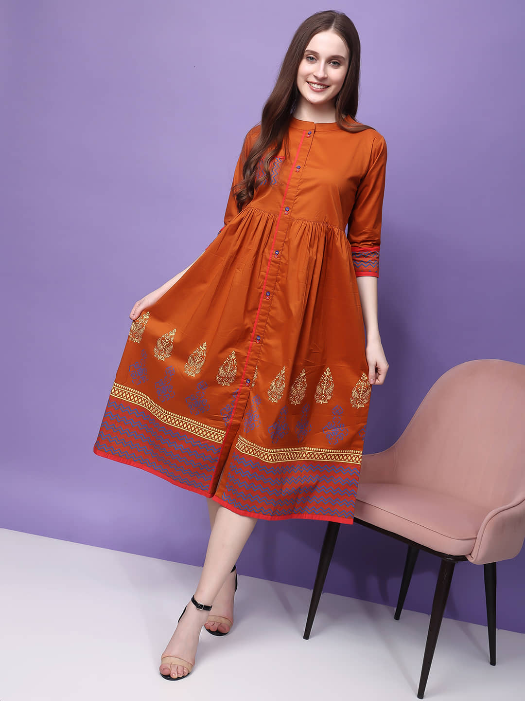 FASHJONS 360 Cotton Self Design Knee Length Women's Fit & Flare Dress - Rust ( Pack of 1 )