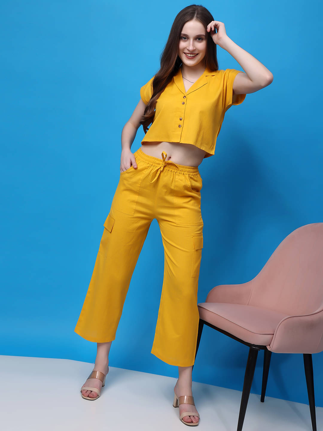     			FASHJONS 360 Women Solid Shirt With Trousers Co-Ord Set ( Mustard )