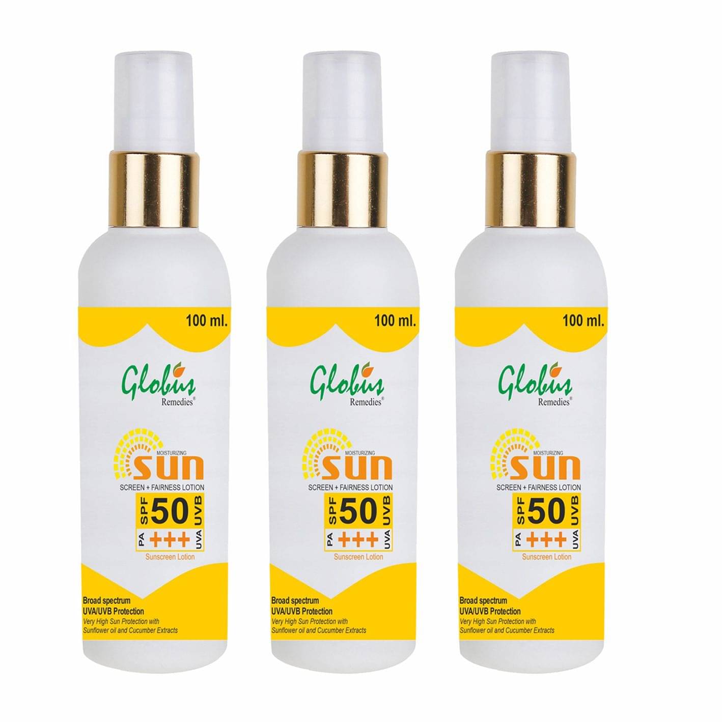     			Globus Remedies Sunscreen Lotion SPF 50 PA+++ 100 ml, (Pack of 3)