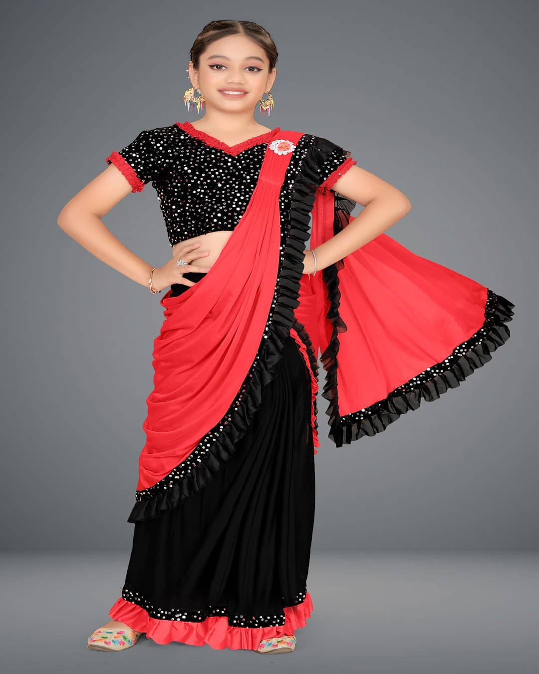 HARPITA Lycra Classic Saree For Girls ( Red , Pack of 1 )