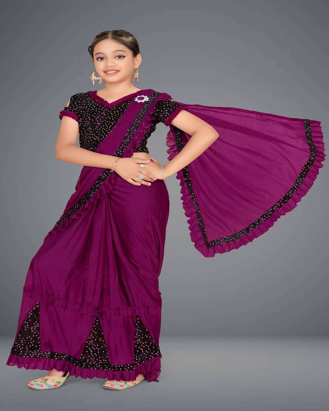 HARPITA Lycra Saree For Girls ( Wine , Pack of 1 )