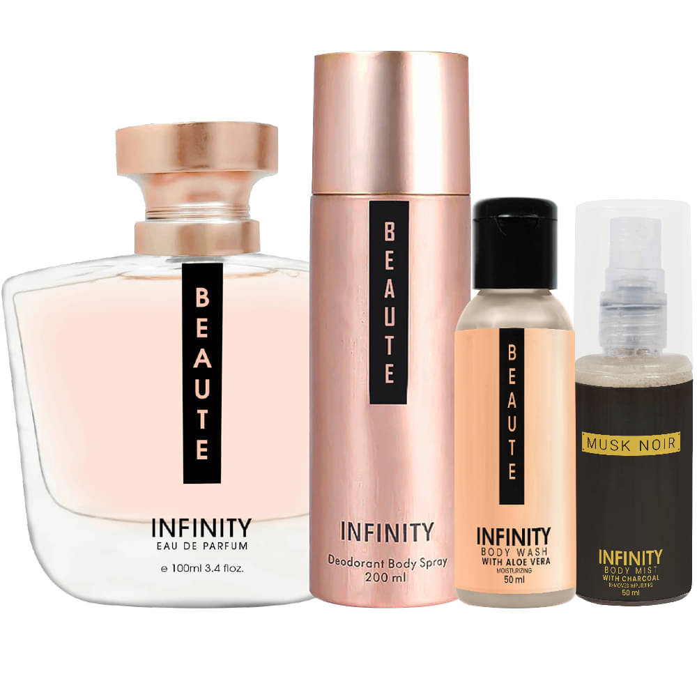     			Infinity Beaute Perfume, Beaute Deodorant, Beaute Body Wash & Musk Noir Body Mist  Pack of 4
