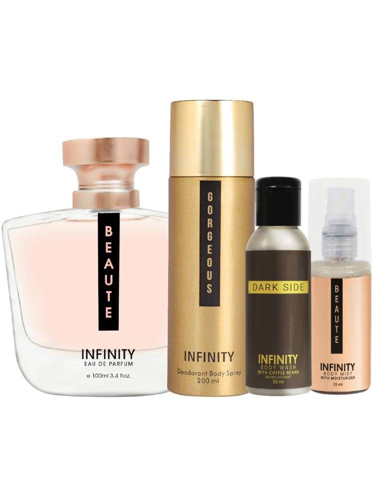     			Infinity Beaute Perfume, Gorgeous Deodorant, Dark Side Body Wash & Beaute Body Mist  Pack of 4