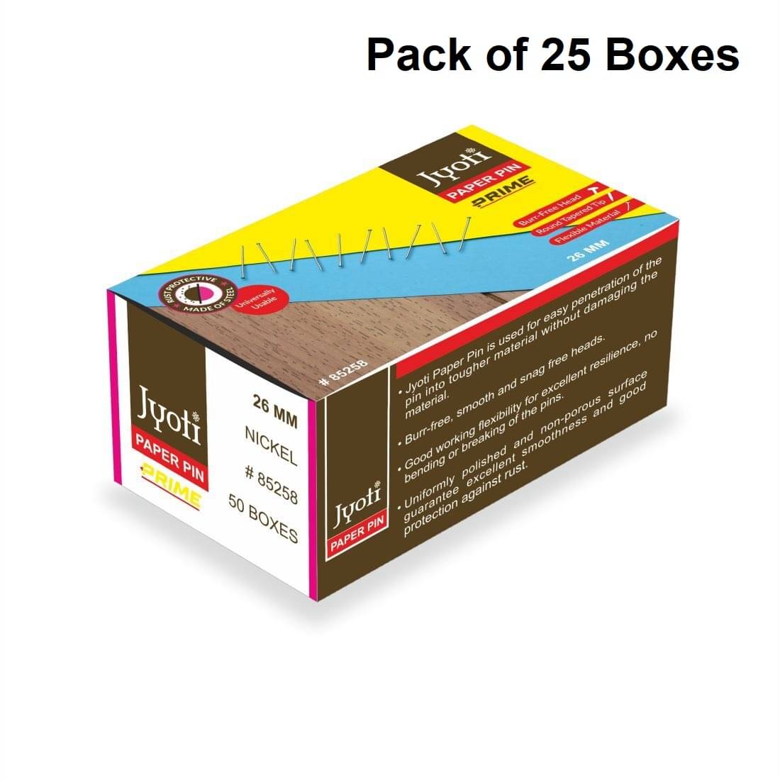     			Jyoti Paper Pin - Prime (100 Pcs of 0.70x26mm Steel Pin in Nickel Finish in a Paper Box), Re-Usable Pins for Holding Loose Papers & Document Organizing, School, Office, and Stationery - Pack of 25