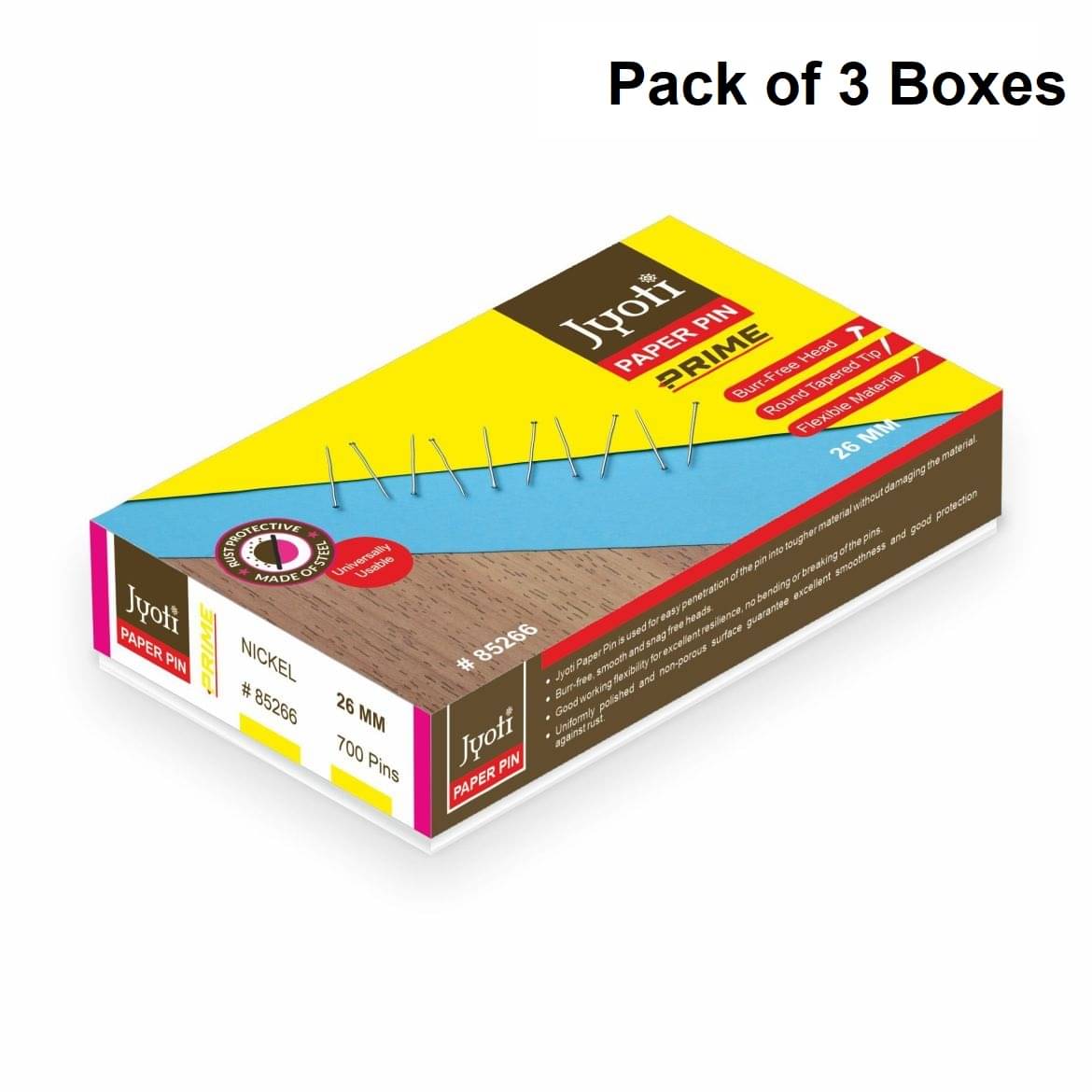     			Jyoti Paper Pin - Prime (700 Pieces of 0.85x26mm Steel Pin in Nickel Finish in a Paper Box), Re-Usable Pins for Holding Loose Papers & Document Organizing, School, Office, and Stationery - Pack of 3