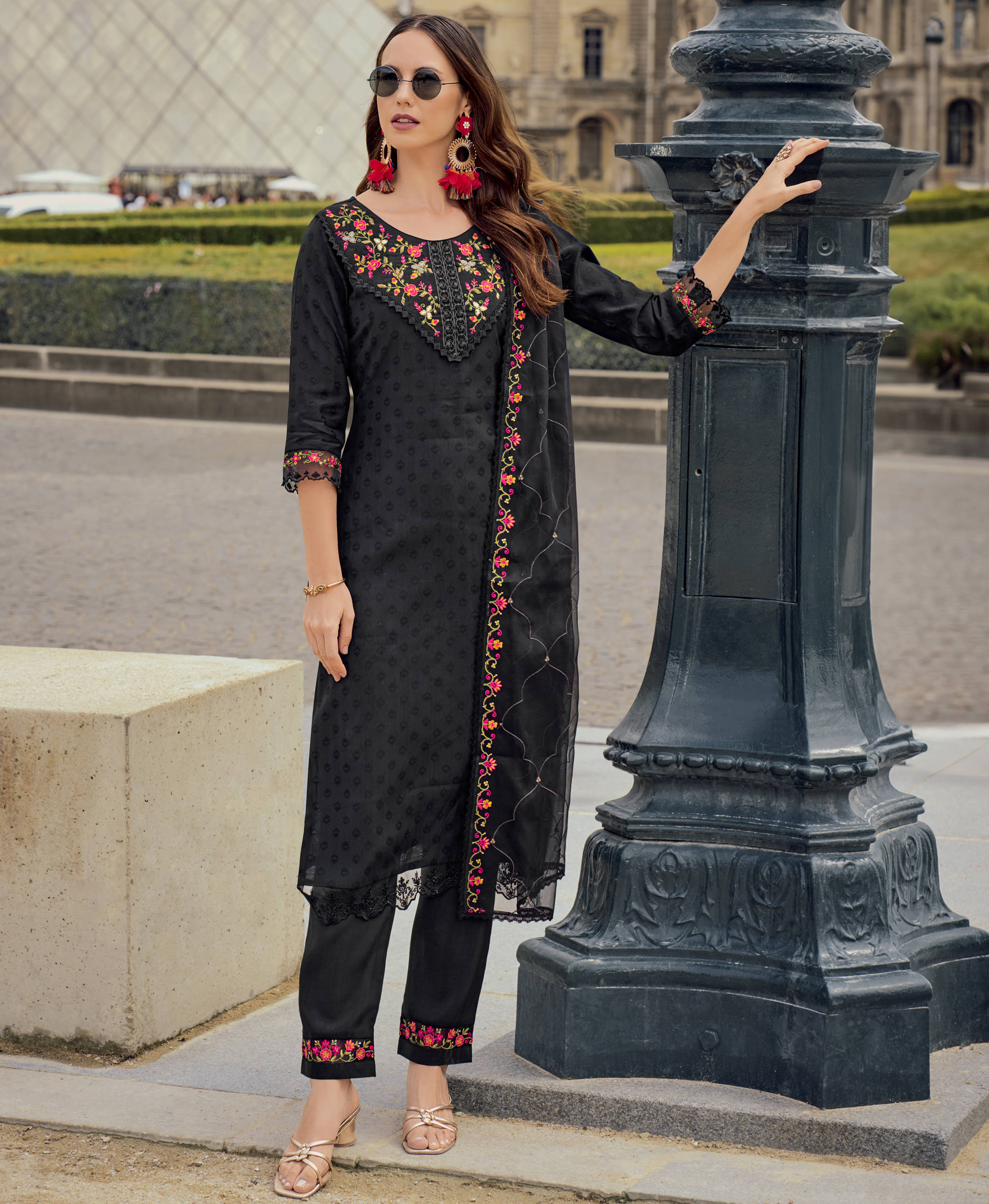     			MOJILAA Silk Blend Embroidered Kurti With Pants Women's Stitched Salwar Suit - Black ( Pack of 1 )
