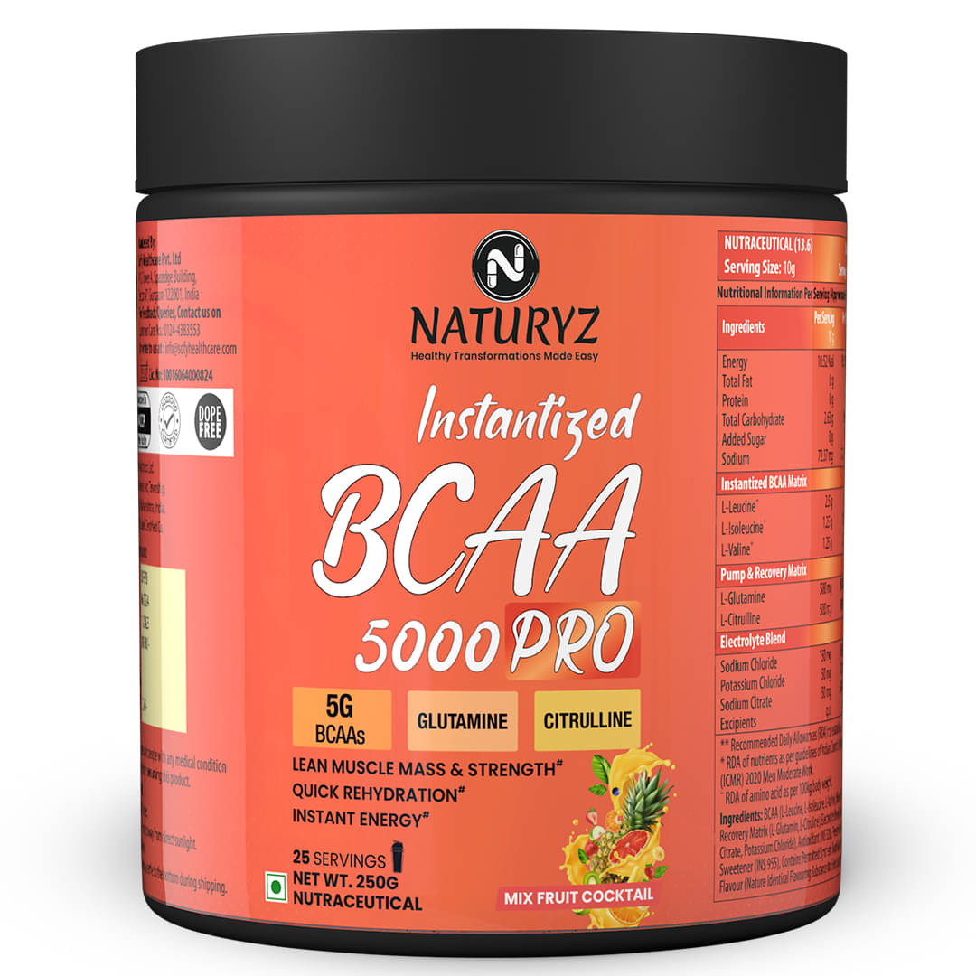 NATURYZ Instantized BCAA 5000 PRO With 5G BCAAs Glutamine For Lean Muscle - 250g(Mix Fruit Cocktail) NATURYZ Instantized BCAA 5000 PRO With 5G BCAAs Glutamine For Lean Muscle - 250g(Mix Fruit Cocktail)