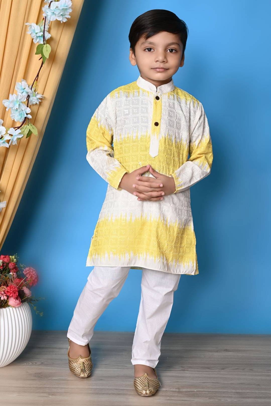 New Collection Boys Chanderi Yellow Kurta Pant Set ( Pack of 1 ) New Collection Boys Chanderi Yellow Kurta Pant Set ( Pack of 1 )