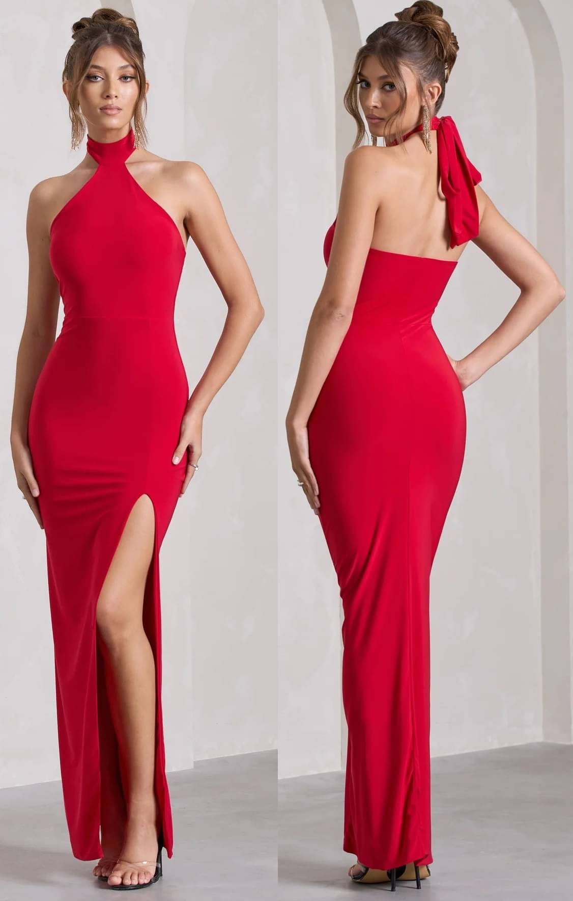     			Traquila Women Lycra Solid Side Slit Dress ( Red )