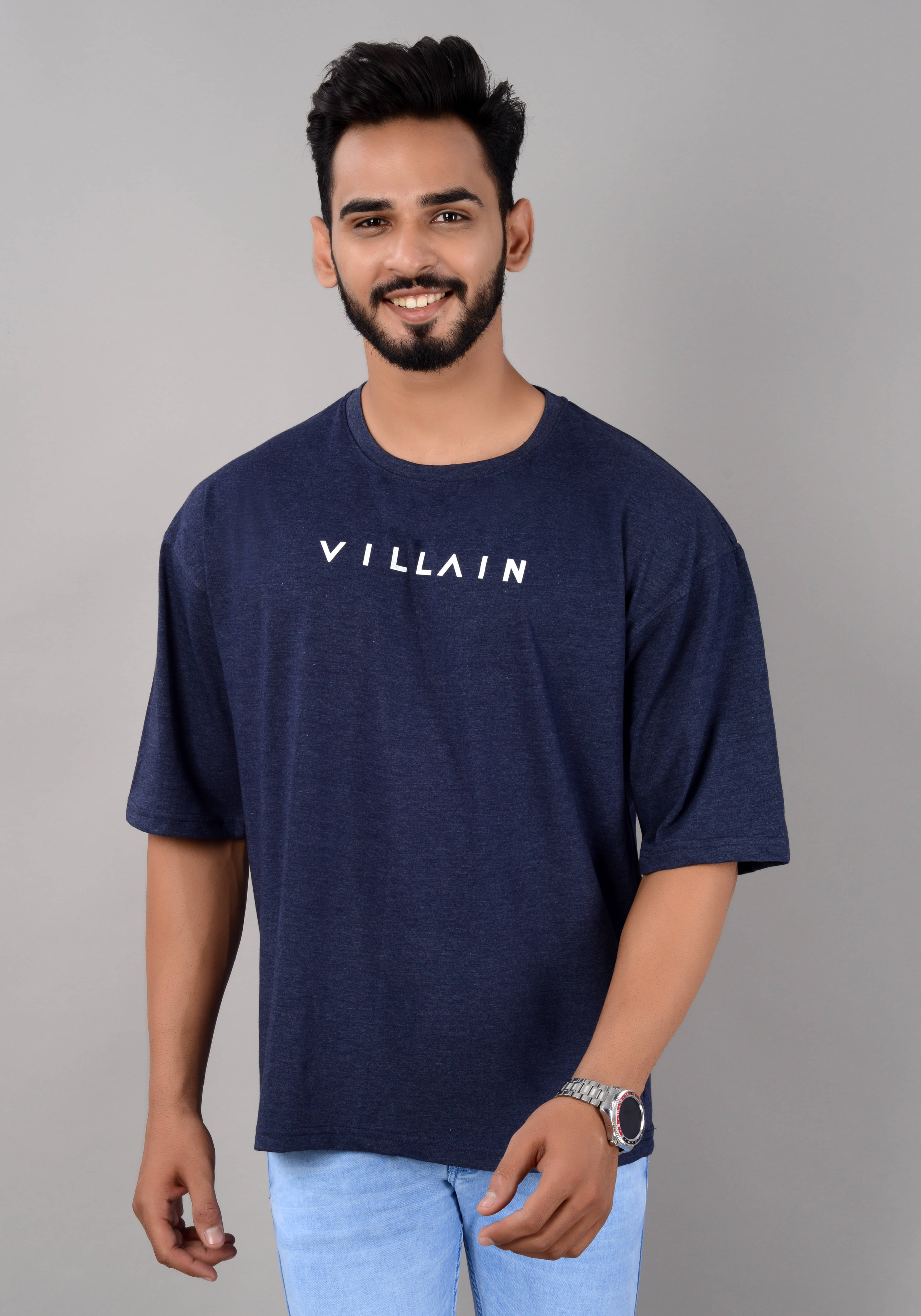 VILLAIN Pack of 1 Cotton Blend Oversized Fit Men's T-Shirt ( Blue )     			VILLAIN Pack of 1 Cotton Blend Oversized Fit Men's T-Shirt ( Blue )