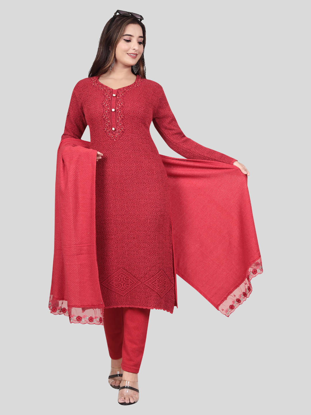 WOOL'S KART Women Self Design Straight Kurti With Pants ( Red ) WOOL'S KART Women Self Design Straight Kurti With Pants ( Red )