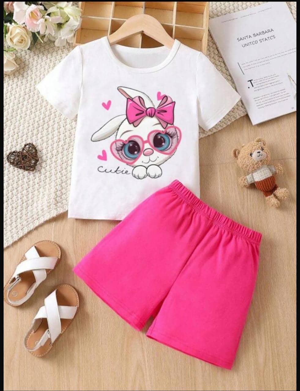 CUTEVIBE Pack of 1 Baby Girls Cotton Blend T-Shirt & Shorts ( White & Pink )