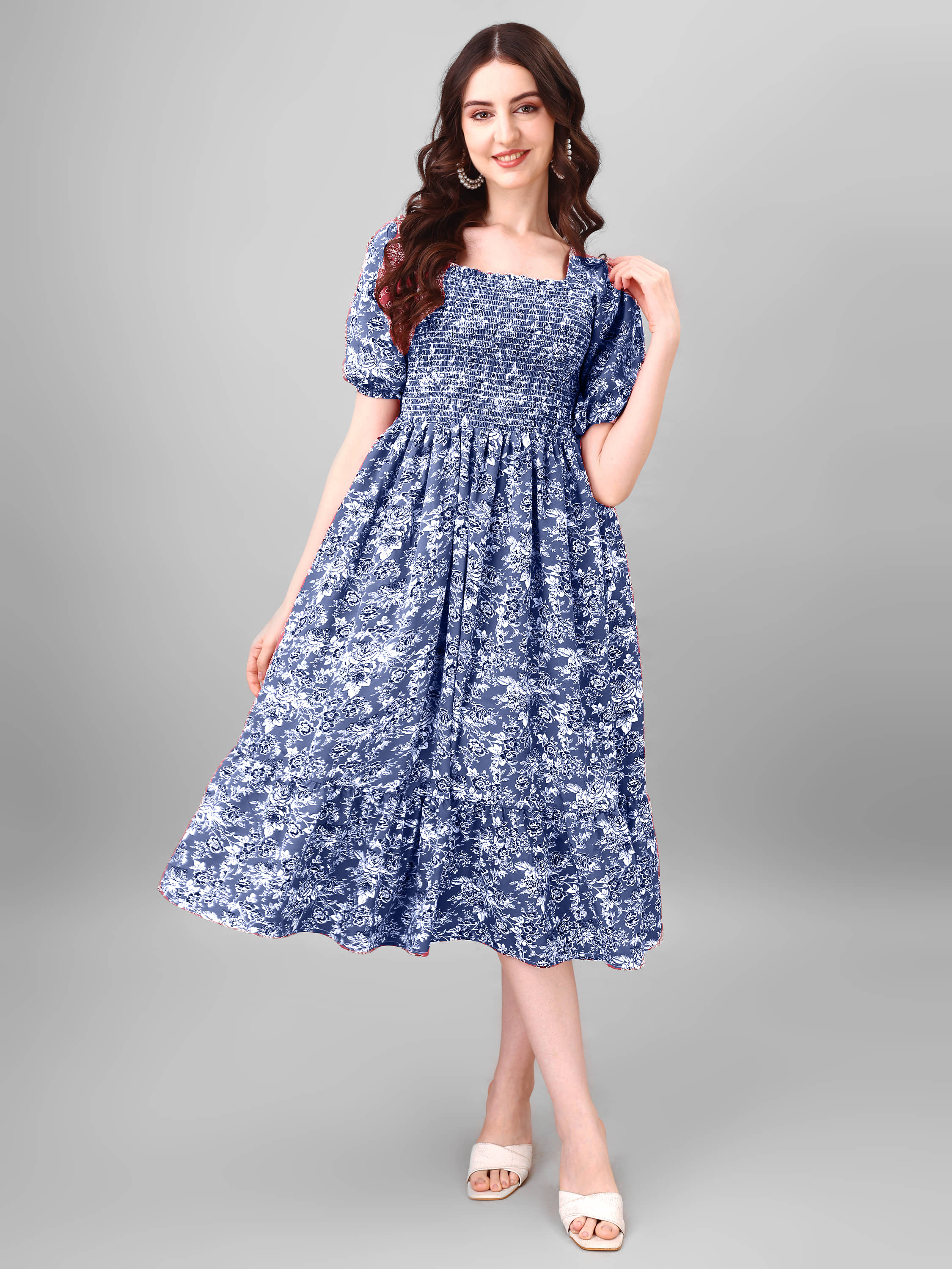 Femvy Women Polyester Printed Fit & Flare Dress ( Blue )