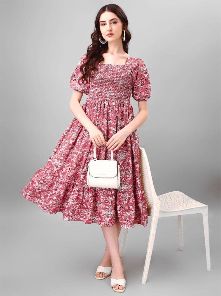     			Femvy Women Polyester Printed Fit & Flare Dress ( Pink )