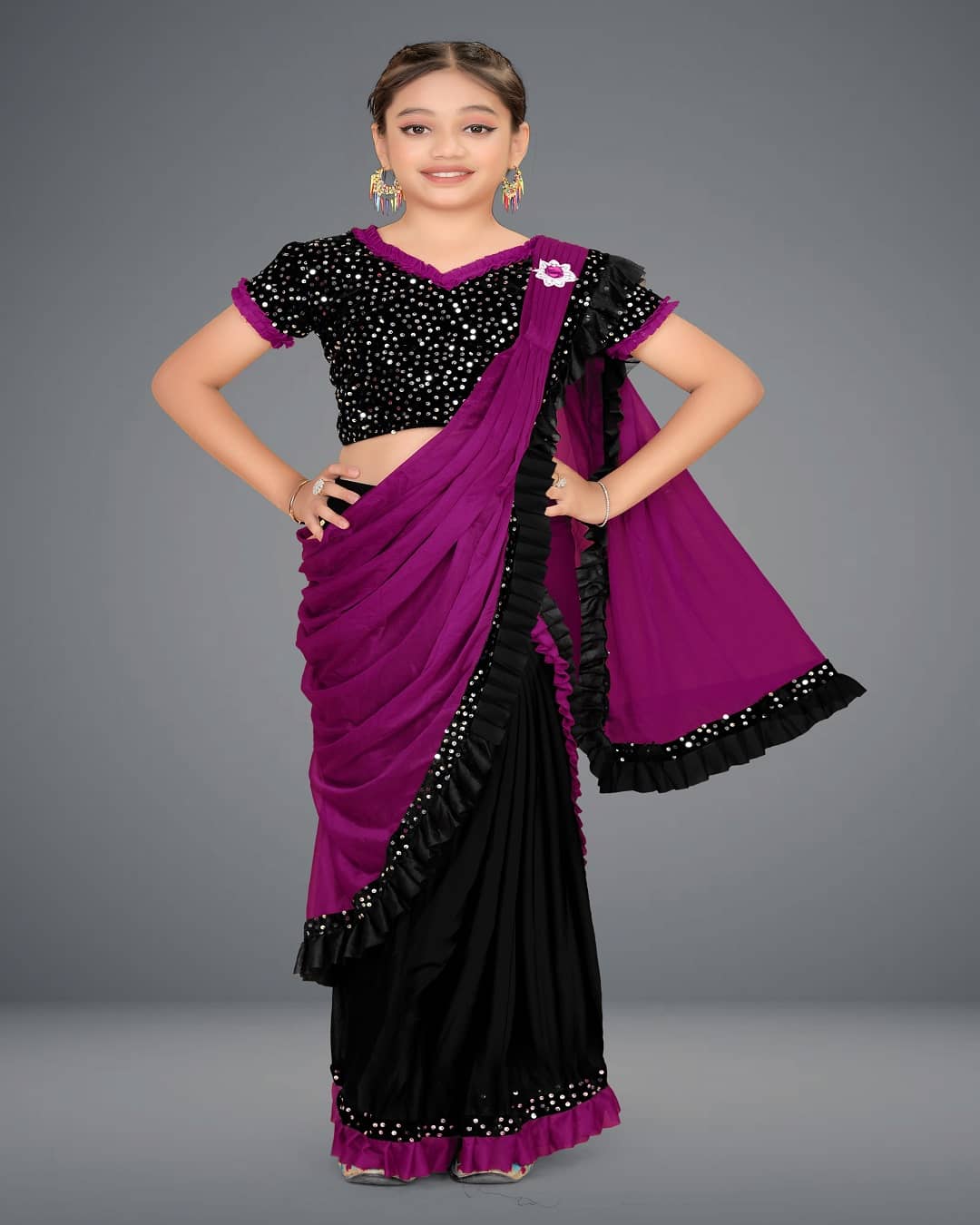 HARPITA Lycra Classic Saree For Girls ( Magenta , Pack of 1 )