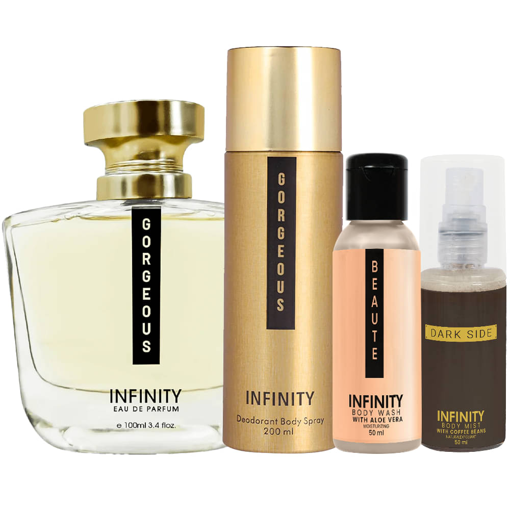     			Infinity Gorgeous Perfume, Gorgeous Deodorant, Beaute Body Wash & Dark Side Body Mist Pack of 4