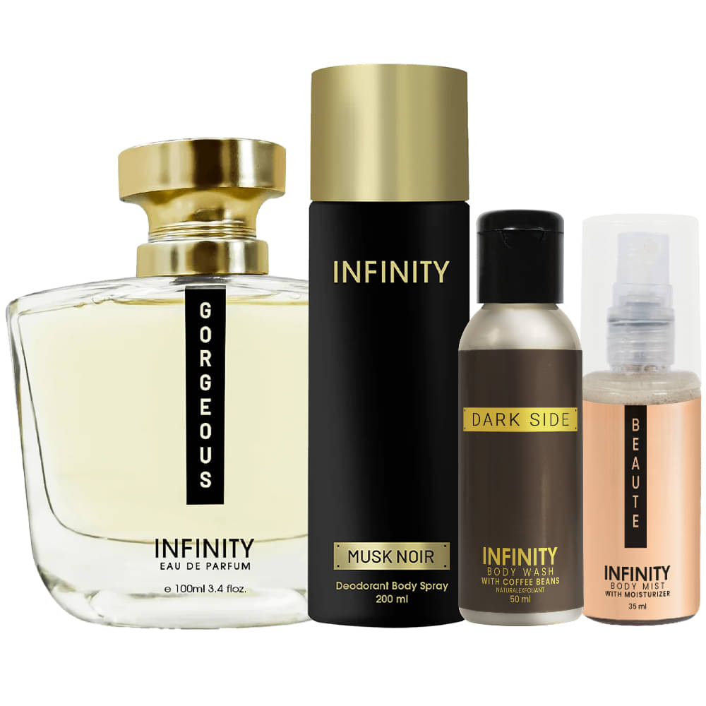     			Infinity Gorgeous Perfume, Musk Noir Deodorant, Dark Side Body Wash & Beaute Body Mist Pack of 4