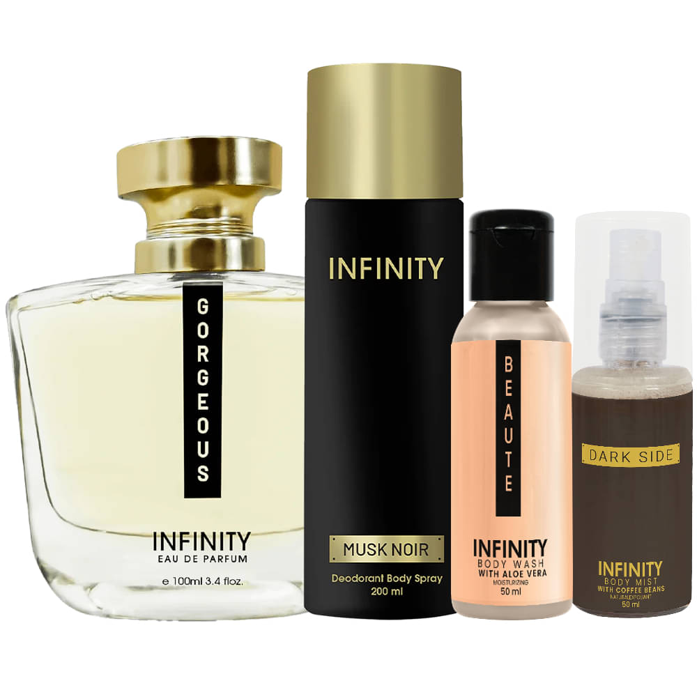     			Infinity Gorgeous Perfume, Musk Noir Deodorant, Beaute Body Wash & Dark Side Body Mist Pack of 4