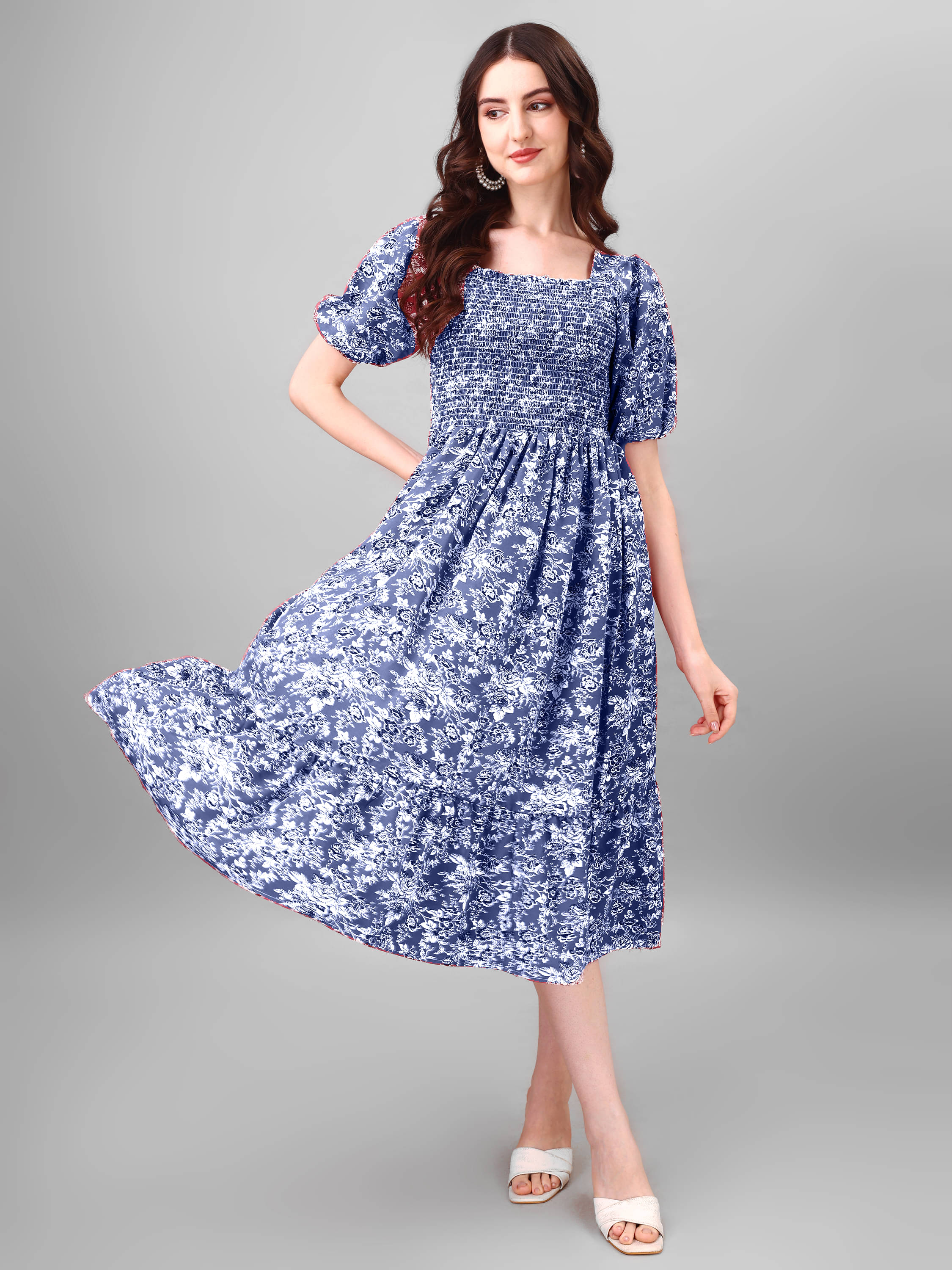 JASH CREATION Polyester Printed Midi Women's Fit & Flare Dress - Blue ( Pack of 1 ) JASH CREATION Polyester Printed Midi Women's Fit & Flare Dress - Blue ( Pack of 1 )