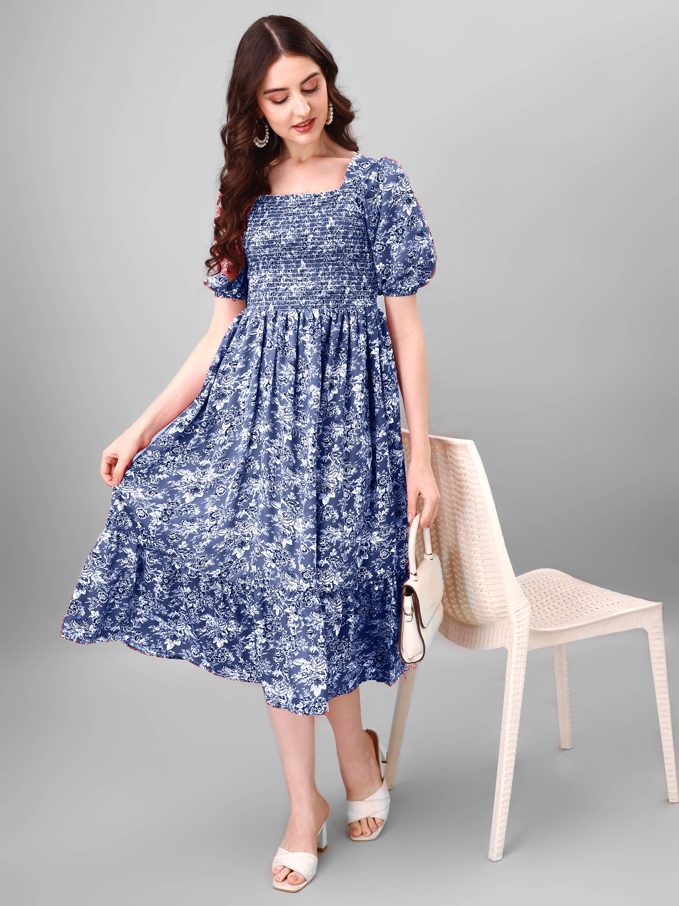 JASH CREATION Polyester Printed Midi Women's Fit & Flare Dress - Blue ( Pack of 1 ) JASH CREATION Polyester Printed Midi Women's Fit & Flare Dress - Blue ( Pack of 1 )