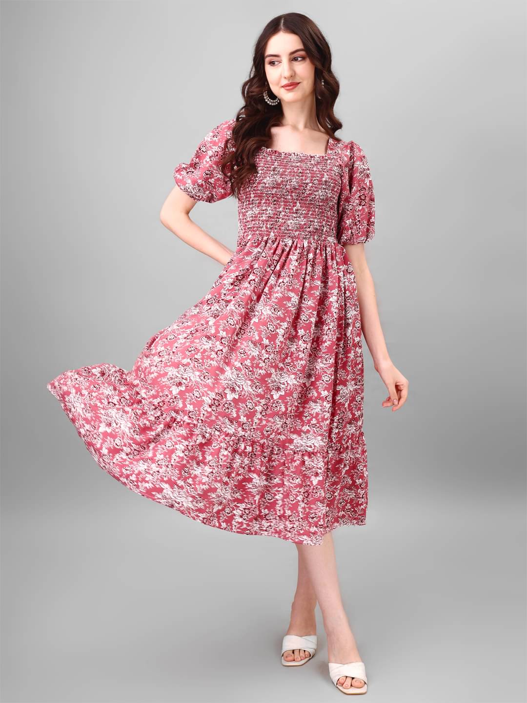 JASH CREATION Polyester Printed Midi Women's Fit & Flare Dress - Pink ( Pack of 1 ) JASH CREATION Polyester Printed Midi Women's Fit & Flare Dress - Pink ( Pack of 1 )