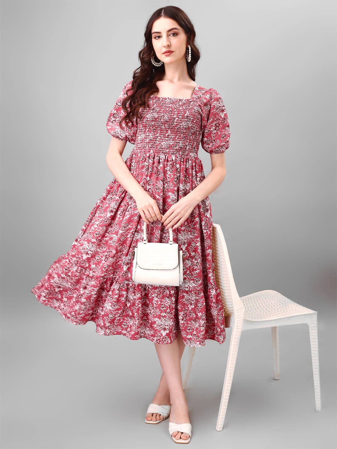 JASH CREATION Polyester Printed Midi Women's Fit & Flare Dress - Pink ( Pack of 1 ) JASH CREATION Polyester Printed Midi Women's Fit & Flare Dress - Pink ( Pack of 1 )