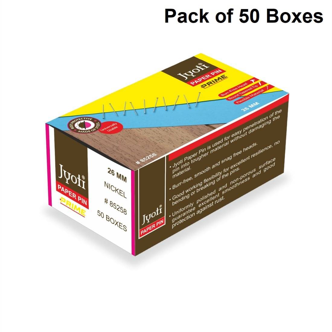     			Jyoti Paper Pin - Prime (100 Pcs of 0.70x26mm Steel Pin in Nickel Finish in a Paper Box), Re-Usable Pins for Holding Loose Papers & Document Organizing, School, Office, and Stationery - Pack of 50