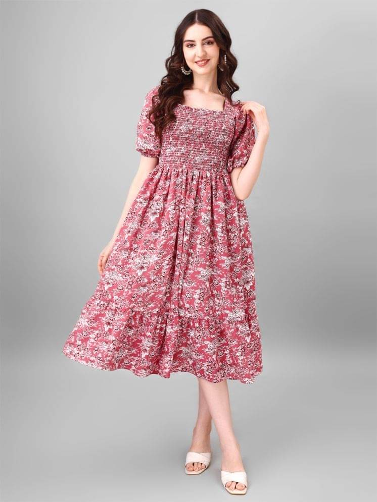 Krunal Raiyani Women Polyester Printed Fit & Flare Dress ( Pink ) Krunal Raiyani Women Polyester Printed Fit & Flare Dress ( Pink )