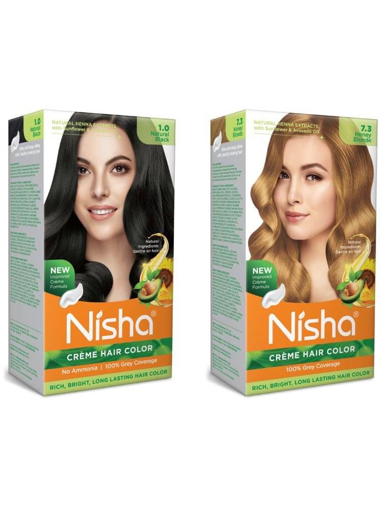     			Nisha Creme Hair Color Combo Pack Natural Black and Honey Blonde - 120g, Long Lasting Permanent Hair Colour