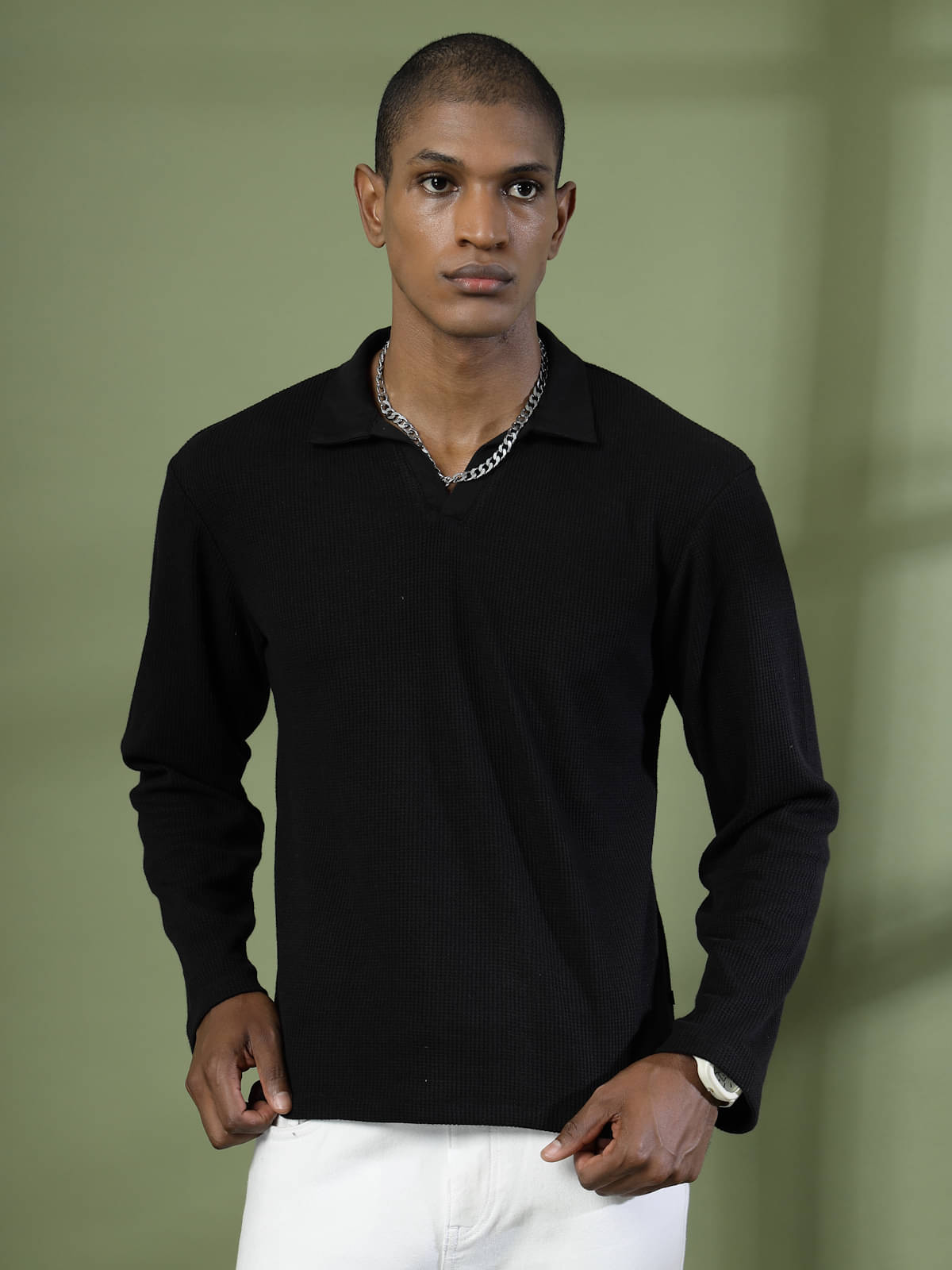     			Rigo Pack of 1 Cotton Oversized Fit Self Design Full Sleeves Men's Polo T Shirt ( Black )