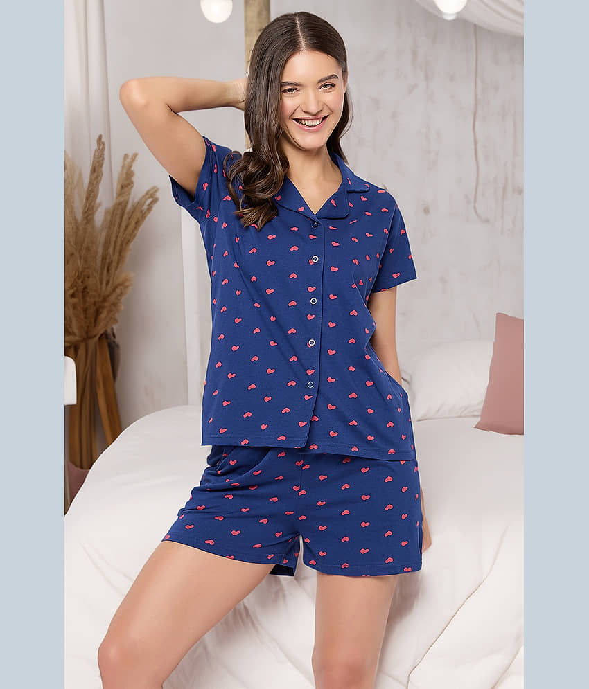 Clovia Navy Blue Cotton Women's Nightwear Nightsuit Sets ( Pack of 1 ) - Nightwear & Loungewear | Buy online on ZillyBuy