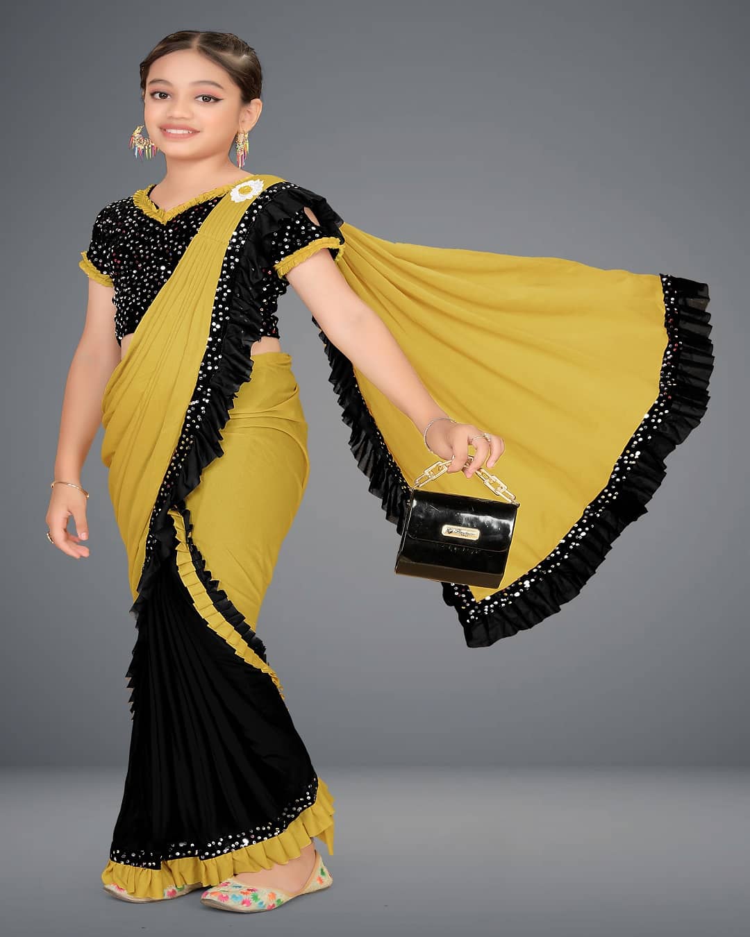 HARPITA Lycra Saree For Girls ( Mustard , Pack of 1 )