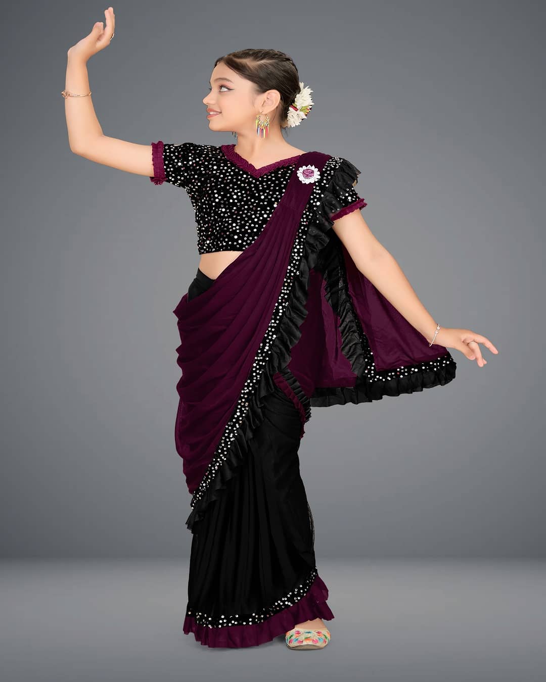 HARPITA Lycra Classic Saree For Girls ( Wine , Pack of 1 )