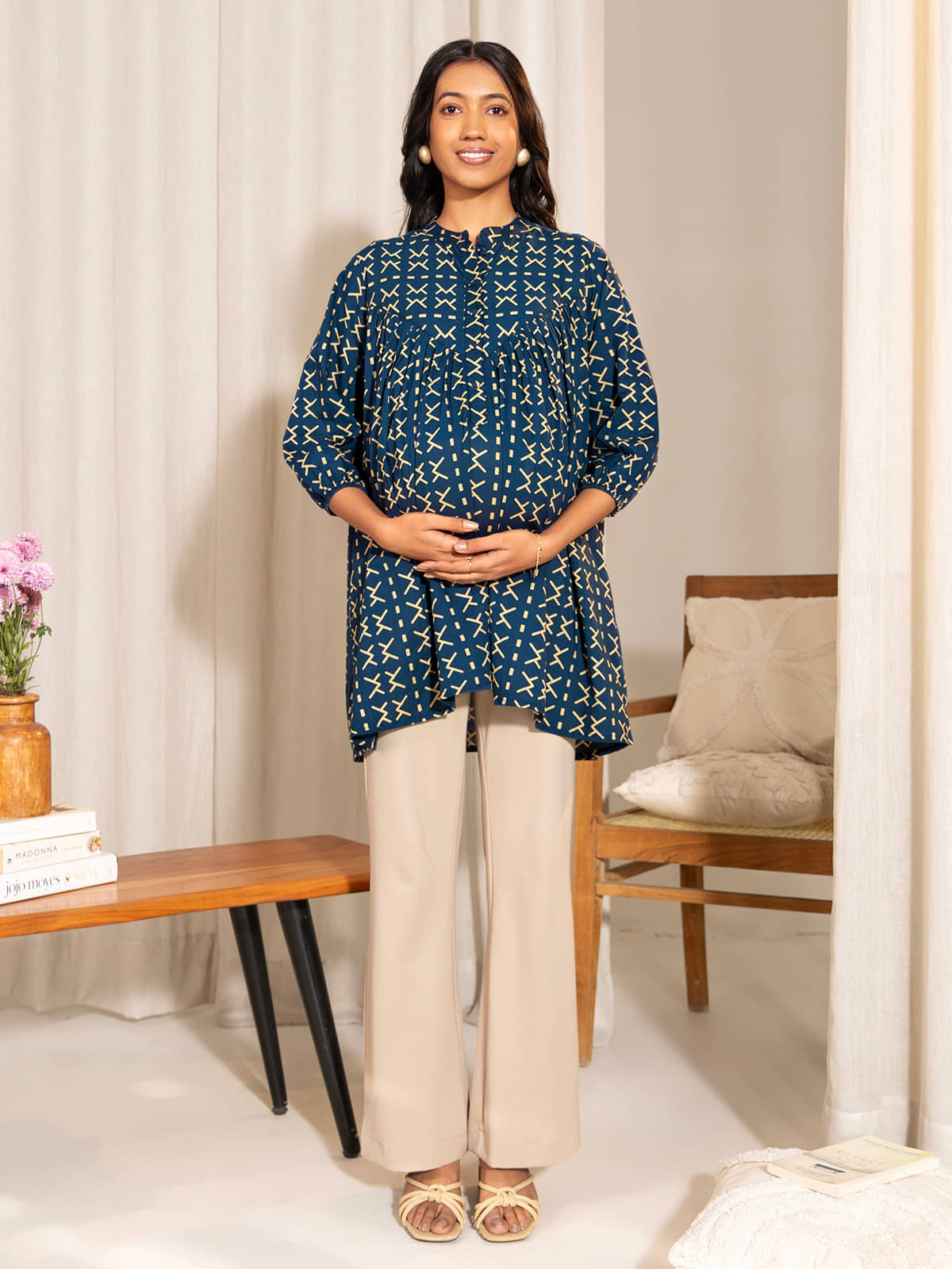     			Janasya Blue Cotton Maternity Tunics Single