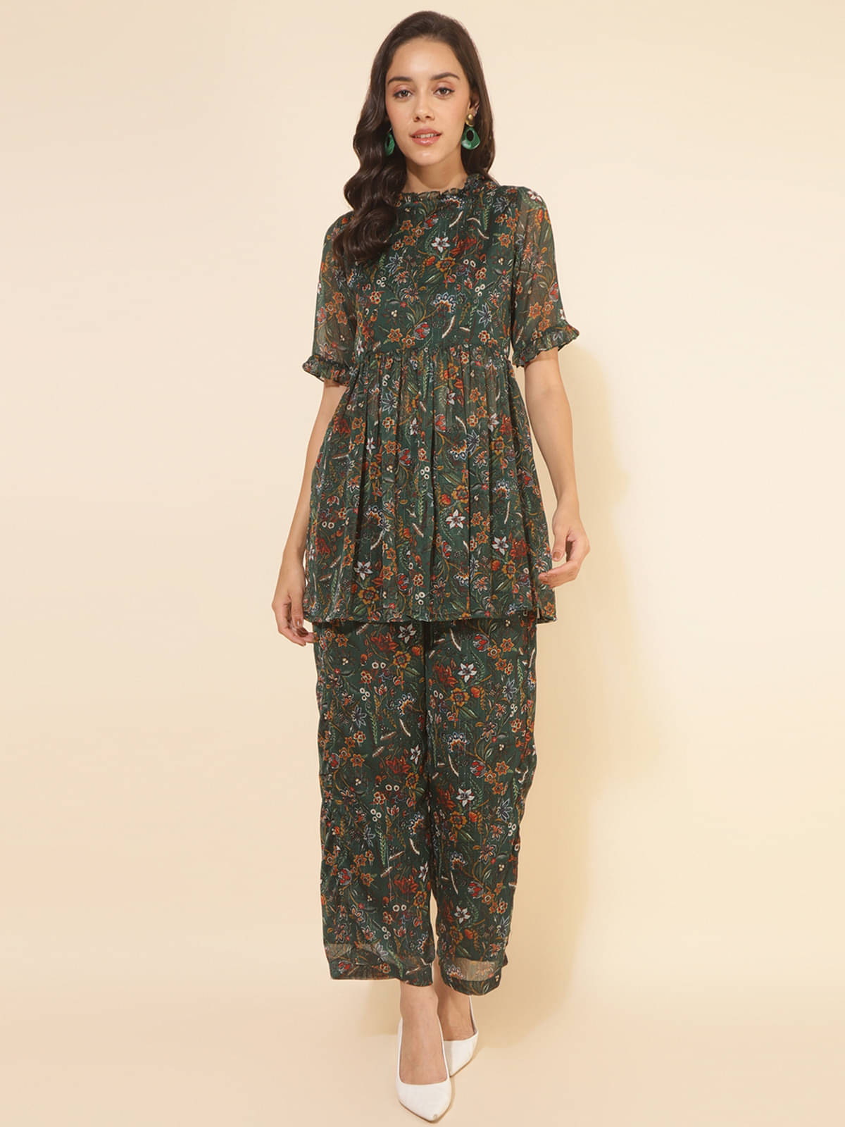     			Janasya Women Chiffon Printed Flared Kurti With Palazzo ( Green )