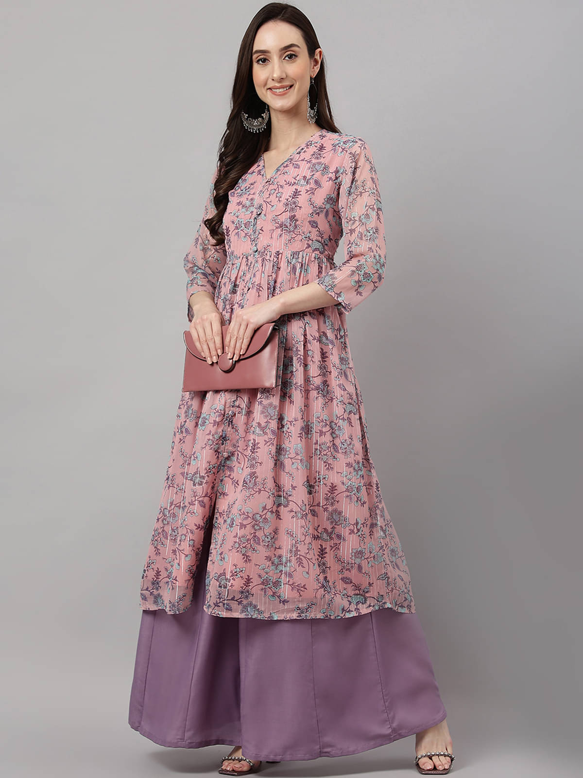     			Janasya Chiffon Printed Flared Women's Kurti - Pink ( Pack of 1 )