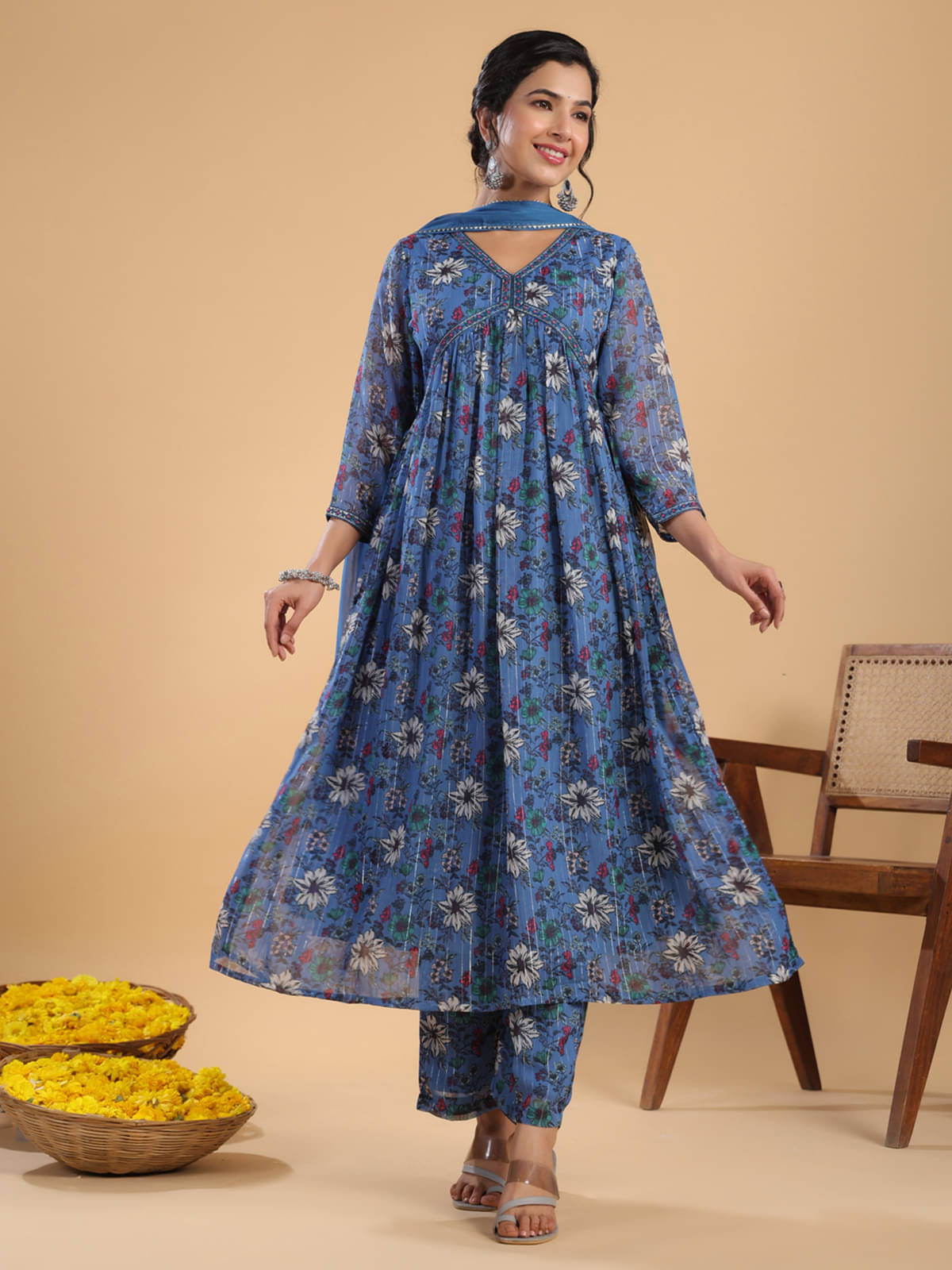     			Janasya Chiffon Printed Kurti With Palazzo Women's Stitched Salwar Suit - Blue ( Pack of 1 )