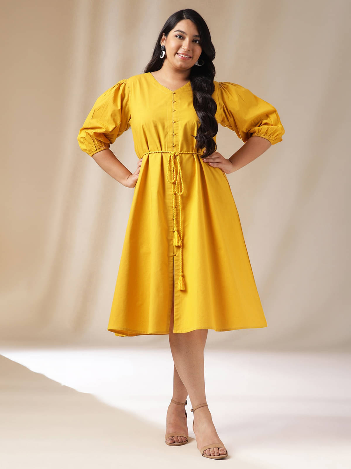 Janasya Women Cotton Blend Solid A-line Dress ( Yellow ) Janasya Women Cotton Blend Solid A-line Dress ( Yellow )