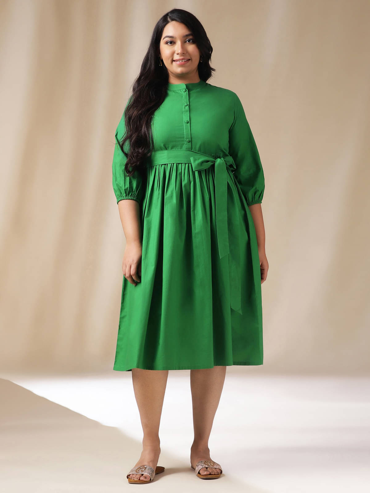     			Janasya Women Cotton Blend Solid Fit & Flare Dress ( Green )