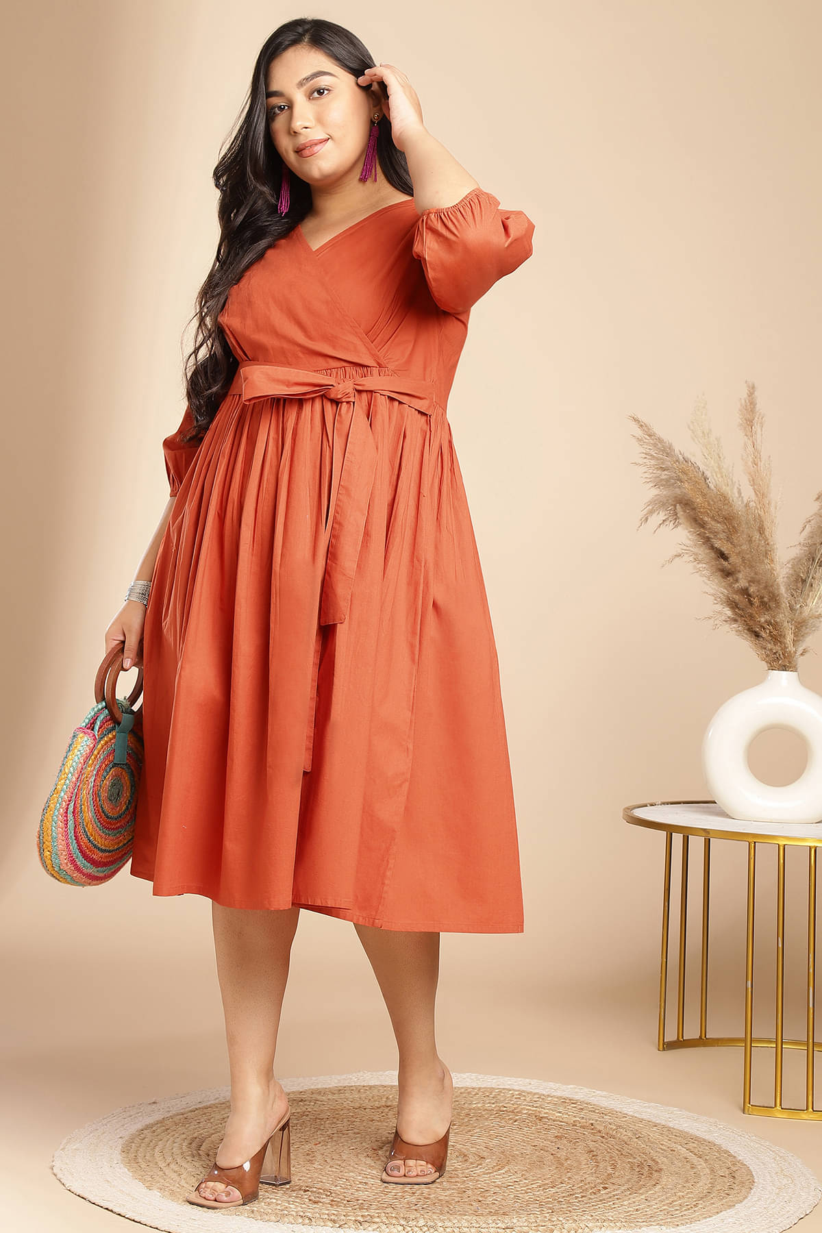     			Janasya Women Cotton Blend Solid Wrap Dress ( Rust )
