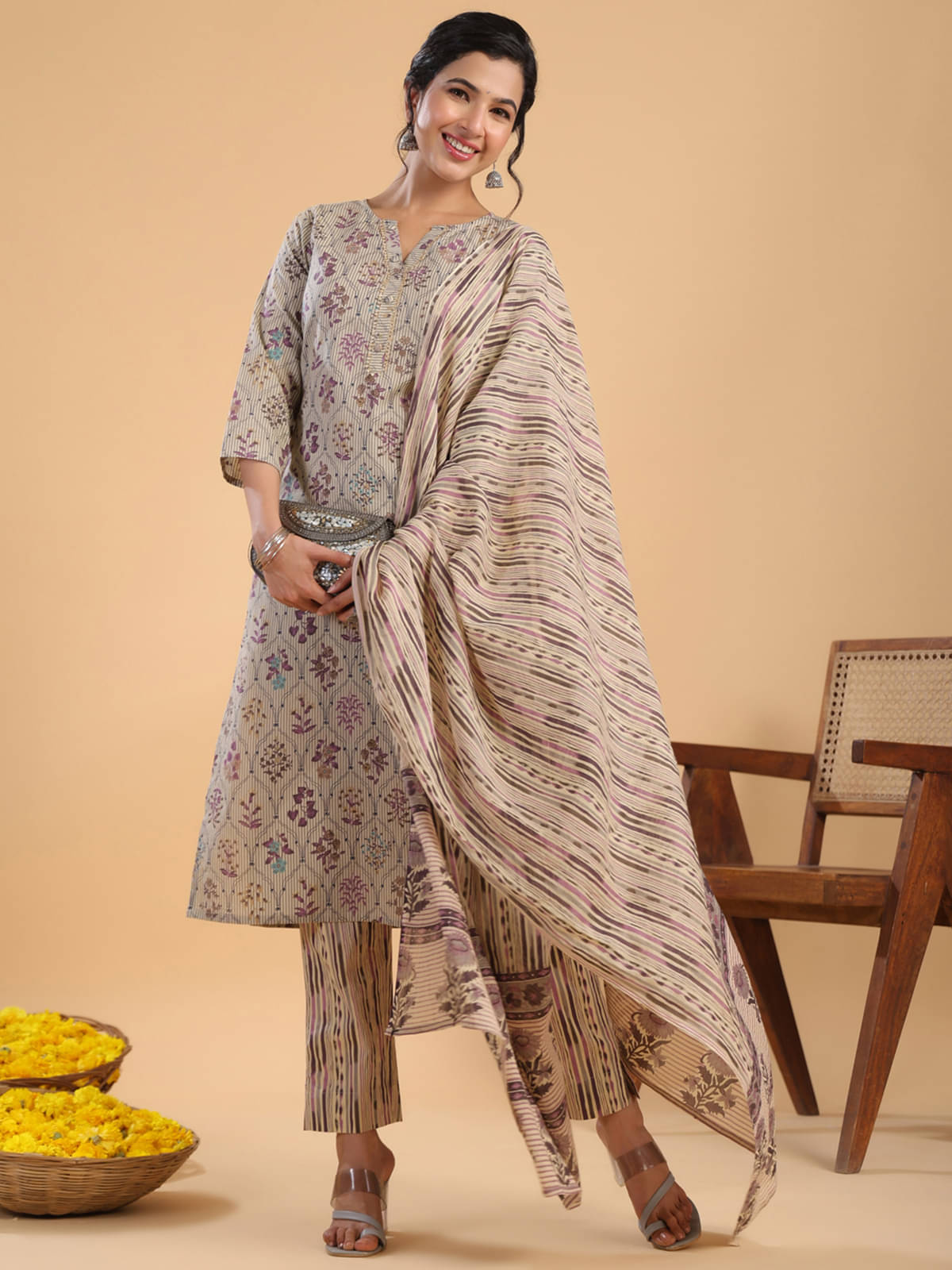     			Janasya Cotton Printed Kurti With Pants Women's Stitched Salwar Suit - Cream ( Pack of 1 )